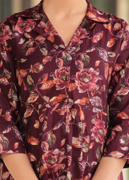 Maslin Foil Print Tunic Style Long Co-Ord Set with Collar