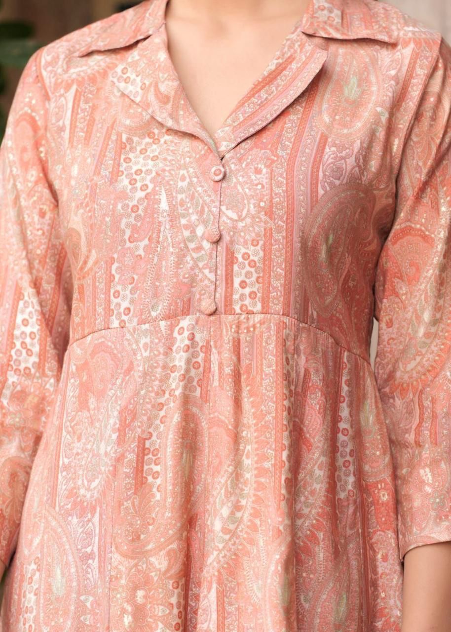 Maslin Foil Print Tunic Style Long Co-Ord Set with Collar