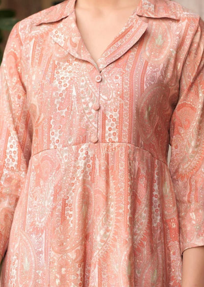 Maslin Foil Print Tunic Style Long Co-Ord Set with Collar