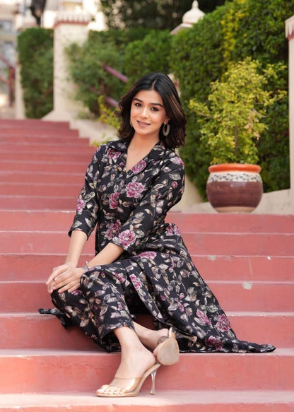 Maslin Foil Print Tunic Style Long Co-Ord Set with Collar