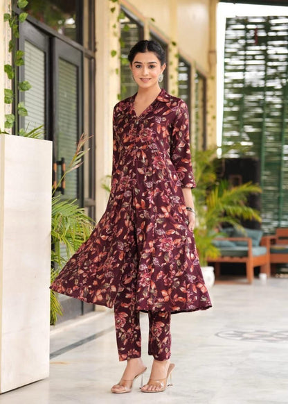 Maslin Foil Print Tunic Style Long Co-Ord Set with Collar