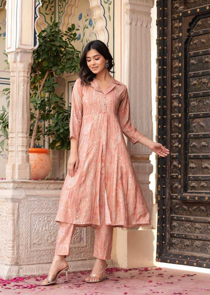 Maslin Foil Print Tunic Style Long Co-Ord Set with Collar