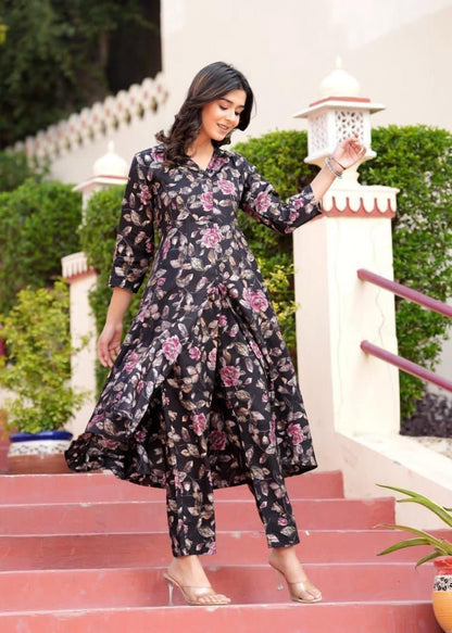 Maslin Foil Print Tunic Style Long Co-Ord Set with Collar