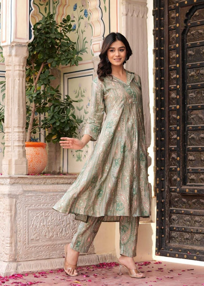 Maslin Foil Print Tunic Style Long Co-Ord Set with Collar