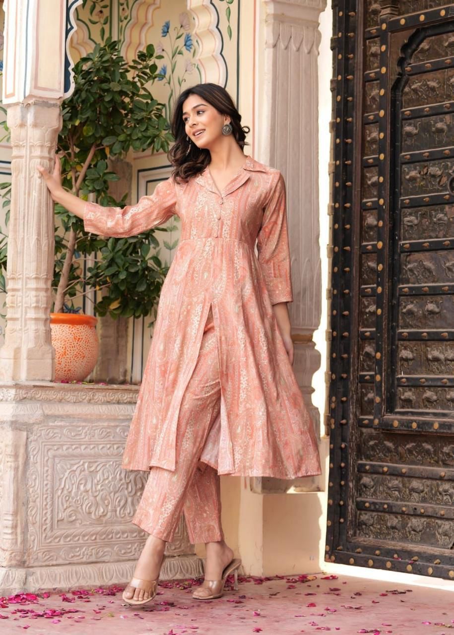 Maslin Foil Print Tunic Style Long Co-Ord Set with Collar