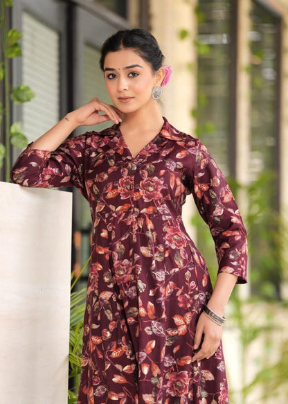 Maslin Foil Print Tunic Style Long Co-Ord Set with Collar