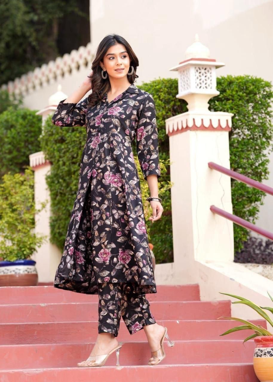 Maslin Foil Print Tunic Style Long Co-Ord Set with Collar