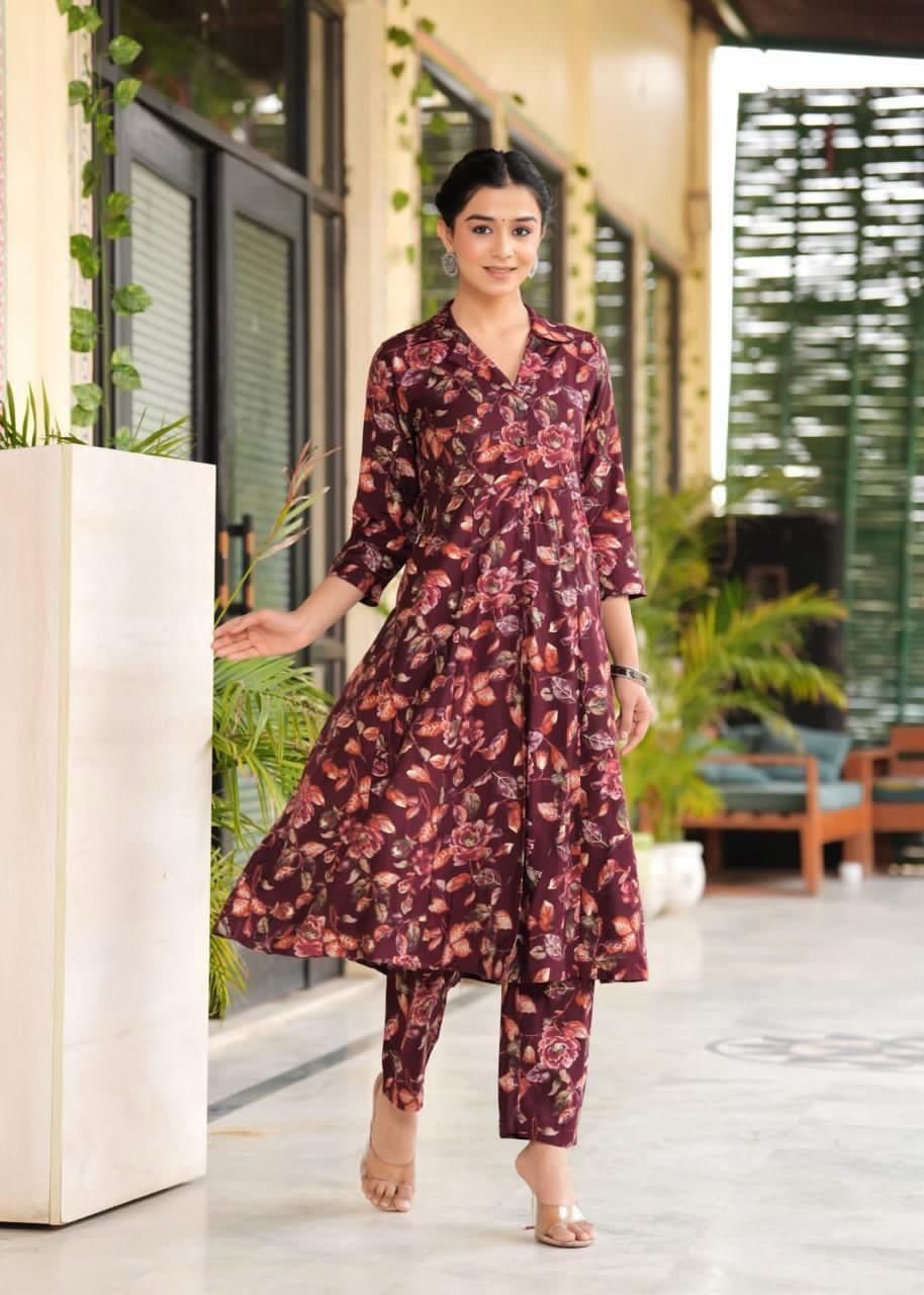 Maslin Foil Print Tunic Style Long Co-Ord Set with Collar