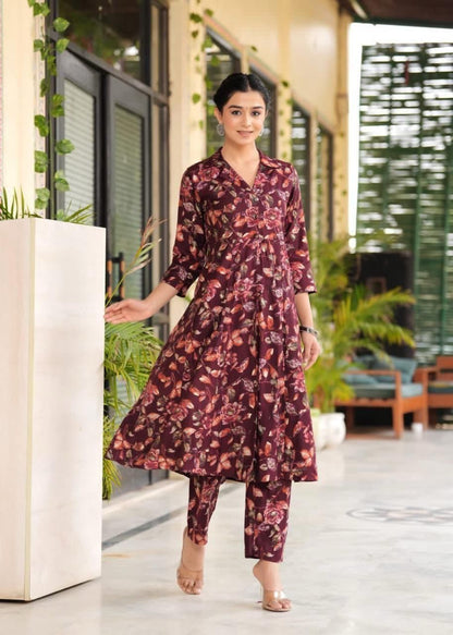 Maslin Foil Print Tunic Style Long Co-Ord Set with Collar