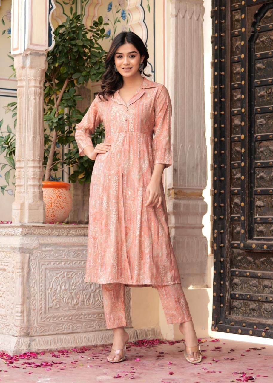 Maslin Foil Print Tunic Style Long Co-Ord Set with Collar