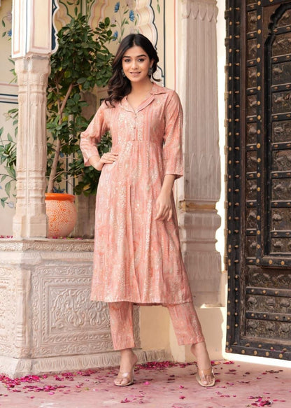 Maslin Foil Print Tunic Style Long Co-Ord Set with Collar