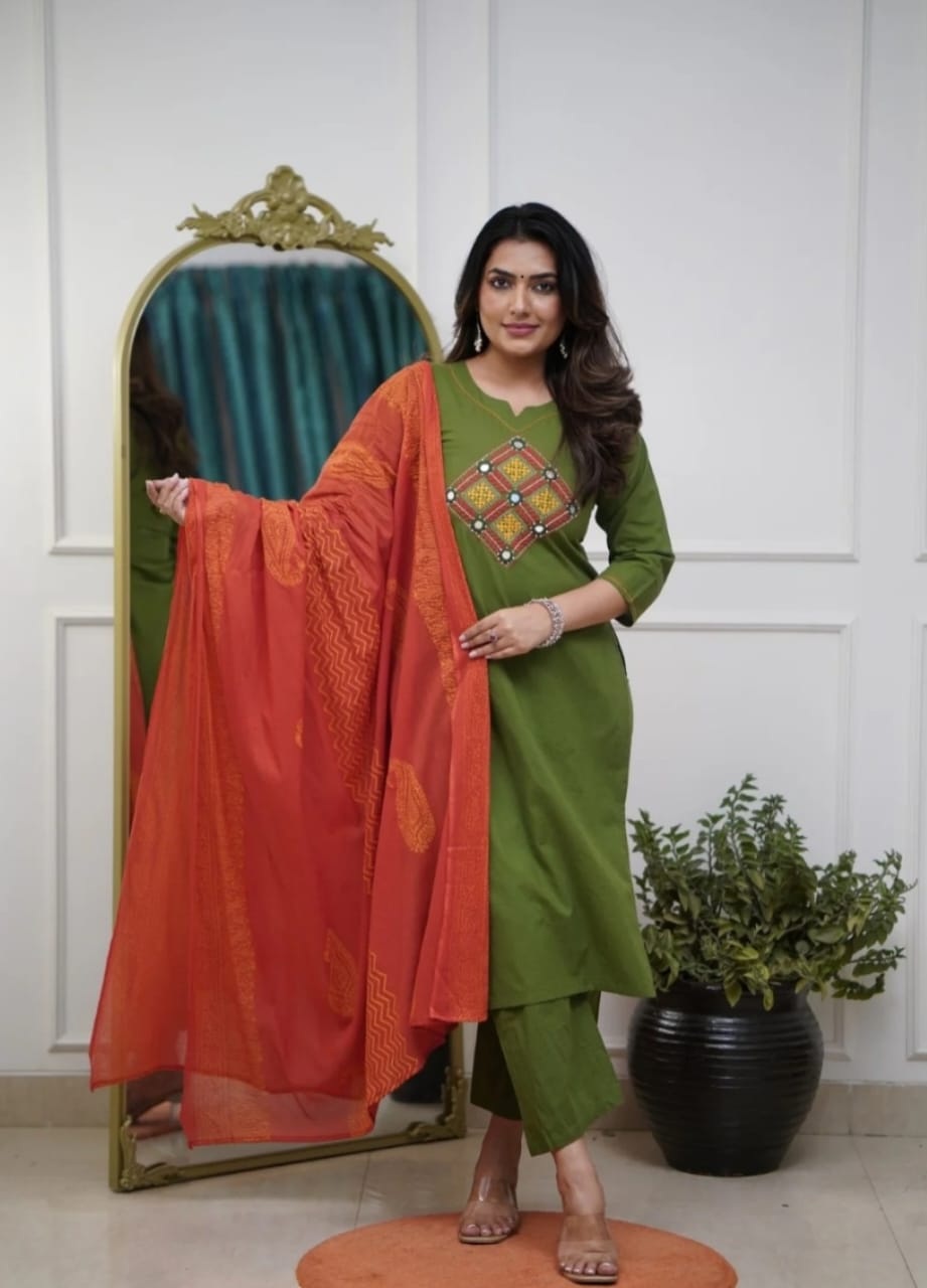 Mehandi Green Cotton Kurta Pant Dupatta Set with Embroidery