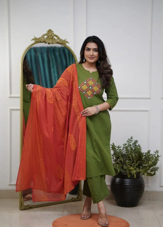 Mehandi Green Cotton Kurta Pant Dupatta Set with Embroidery
