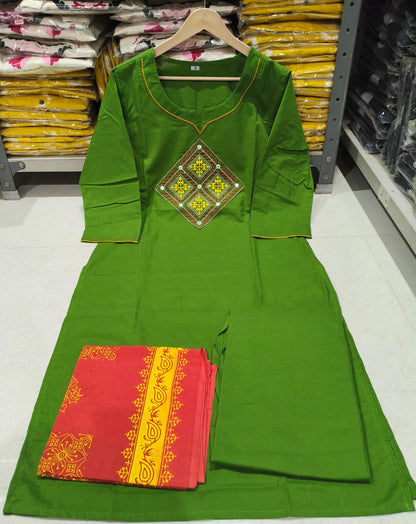 Mehandi Green Cotton Kurta Pant Dupatta Set with Embroidery
