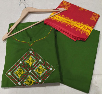 Mehandi Green Cotton Kurta Pant Dupatta Set with Embroidery