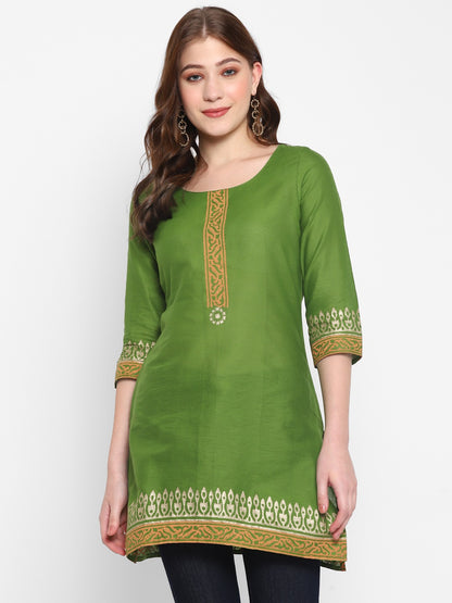 Mehandi Cotton Kurti with Printed Neckline, Sleeves & Hem for Women