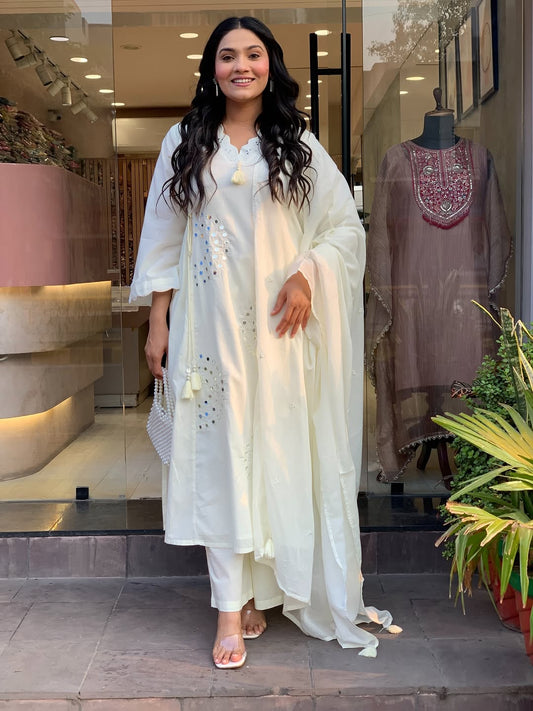 Mirror Work Cotton Kurti Pant Dupatta Set with Tassels & Pintex