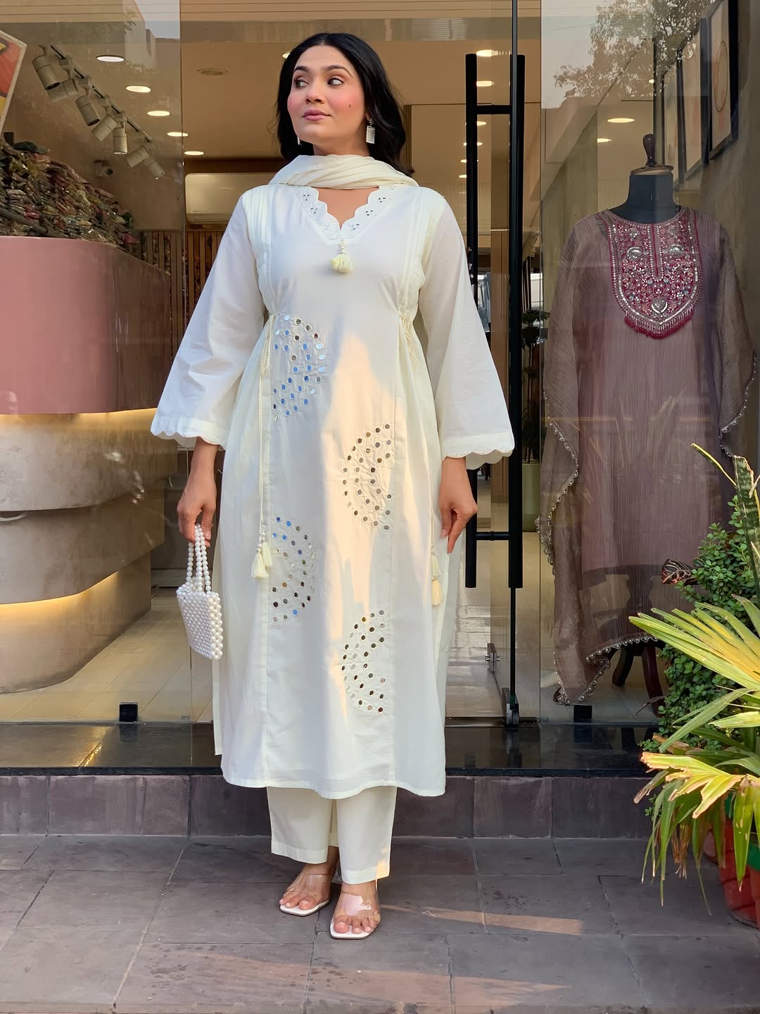 Mirror Work Cotton Kurti Pant Dupatta Set with Tassels & Pintex