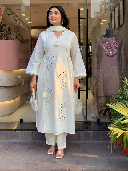 Mirror Work Cotton Kurti Pant Dupatta Set with Tassels & Pintex
