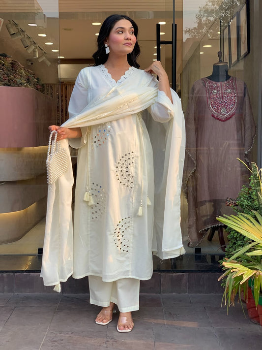 Mirror Work Cotton Kurti Pant Dupatta Set with Tassels & Pintex