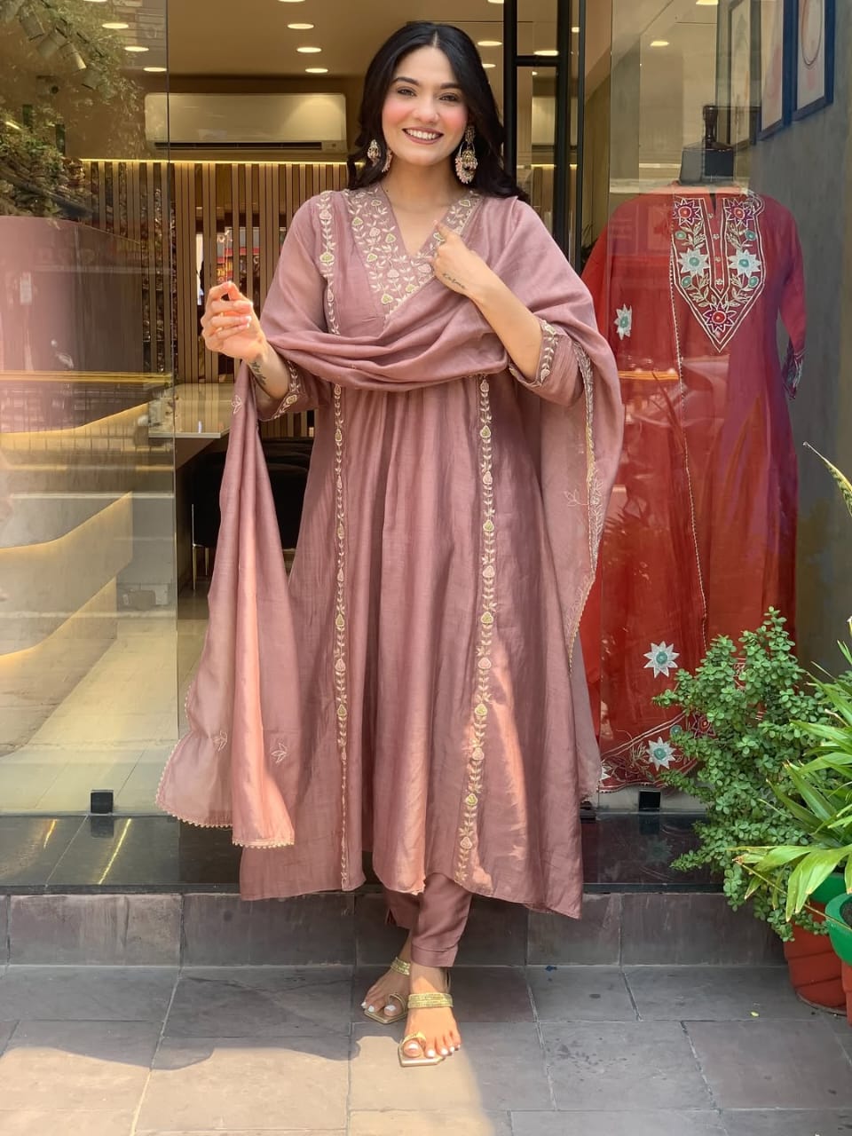 Mul Chanderi Anarkali Kurti Pant Dupatta Set with Embroidery Work