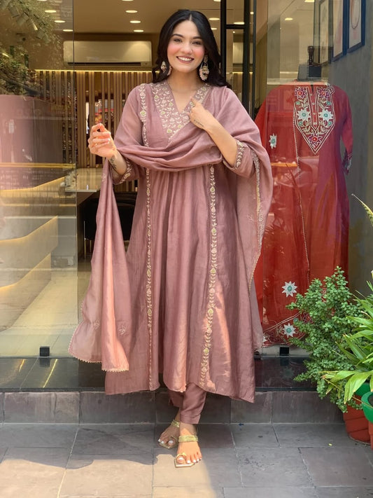 Mul Chanderi Anarkali Kurti Pant Dupatta Set with Embroidery Work