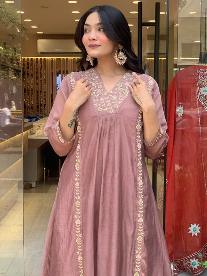 Mul Chanderi Anarkali Kurti Pant Dupatta Set with Embroidery Work