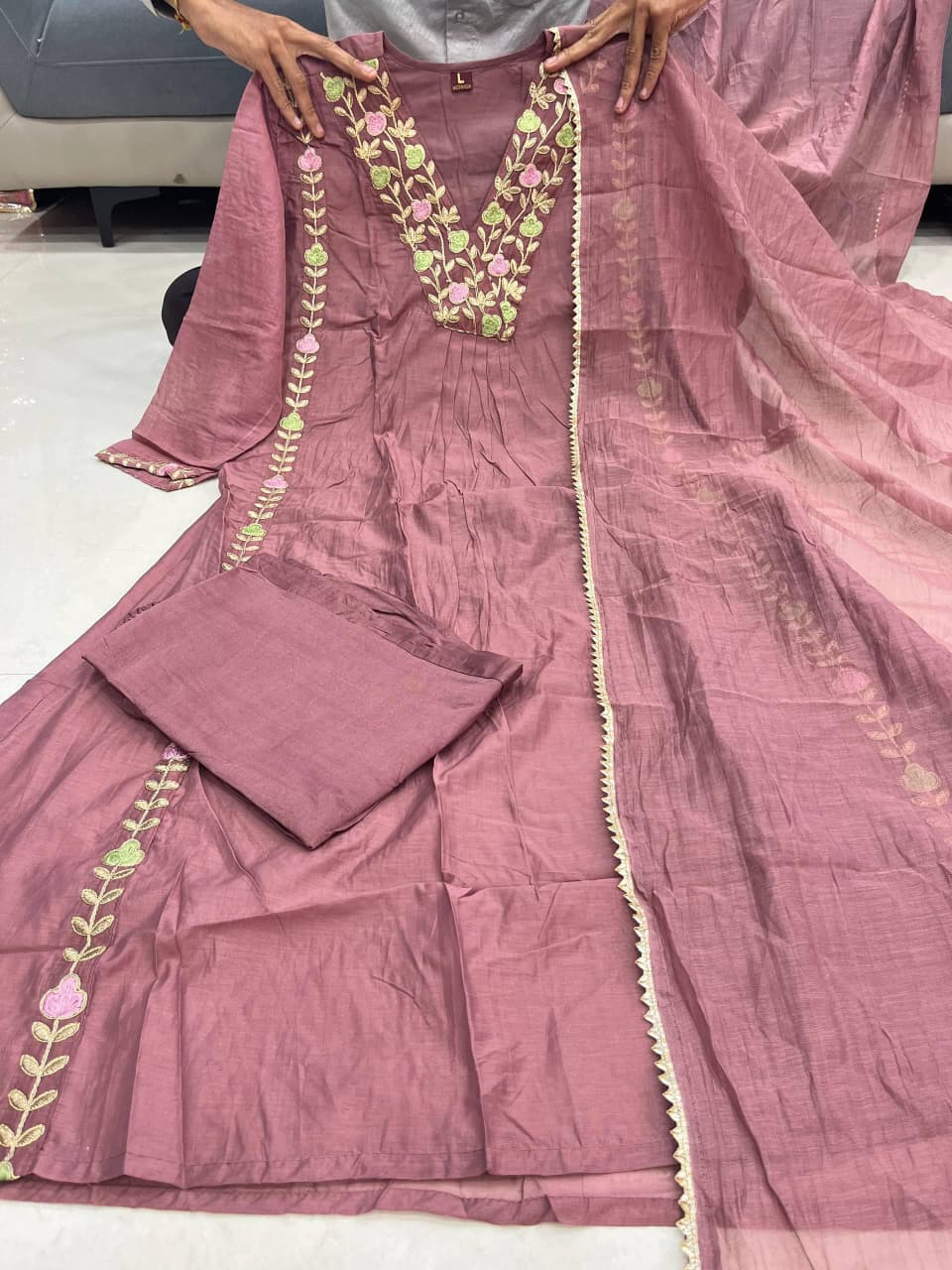 Mul Chanderi Anarkali Kurti Pant Dupatta Set with Embroidery Work