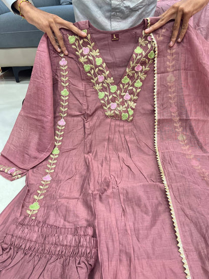 Mul Chanderi Anarkali Kurti Pant Dupatta Set with Embroidery Work