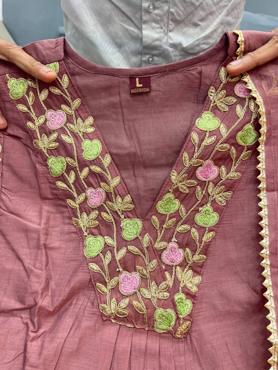 Mul Chanderi Anarkali Kurti Pant Dupatta Set with Embroidery Work