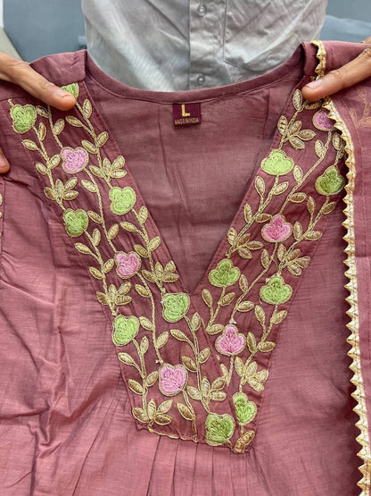 Mul Chanderi Anarkali Kurti Pant Dupatta Set with Embroidery Work