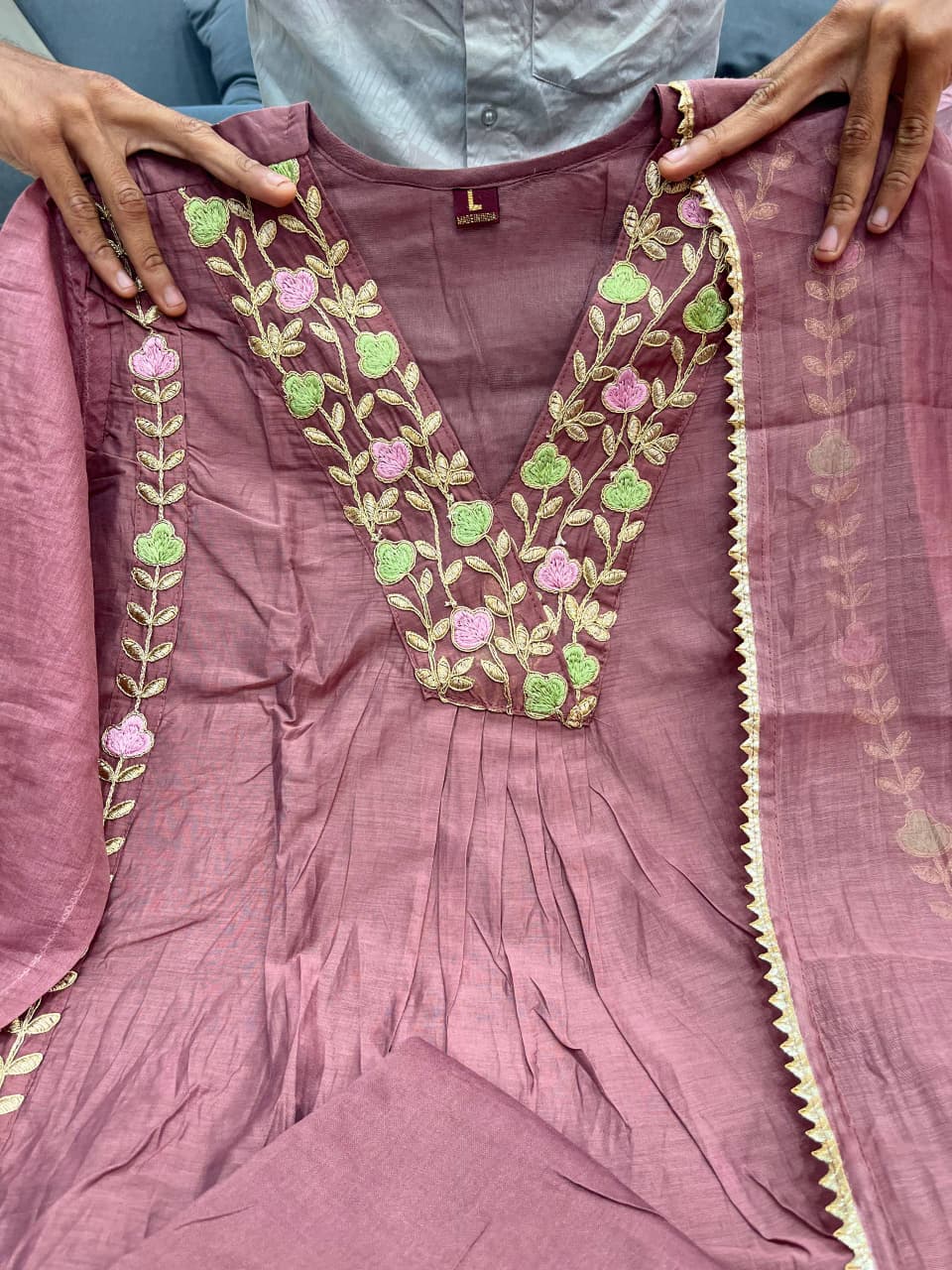 Mul Chanderi Anarkali Kurti Pant Dupatta Set with Embroidery Work