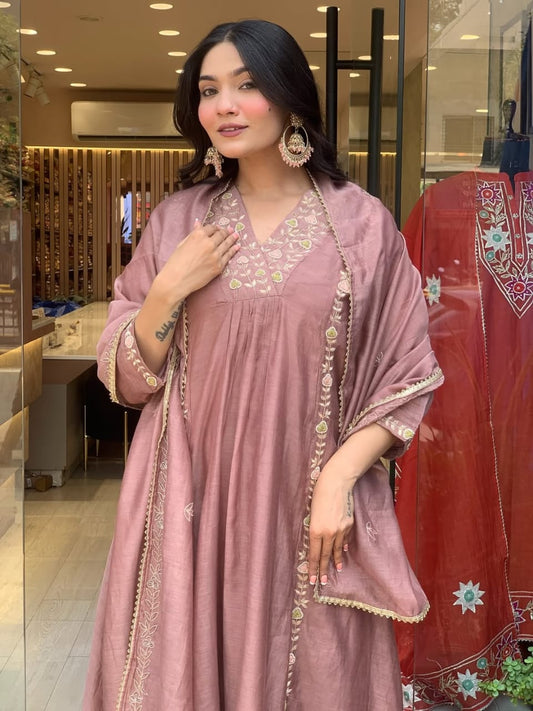 Mul Chanderi Anarkali Kurti Pant Dupatta Set with Embroidery Work