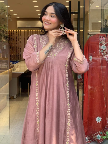 Mul Chanderi Anarkali Kurti Pant Dupatta Set with Embroidery Work
