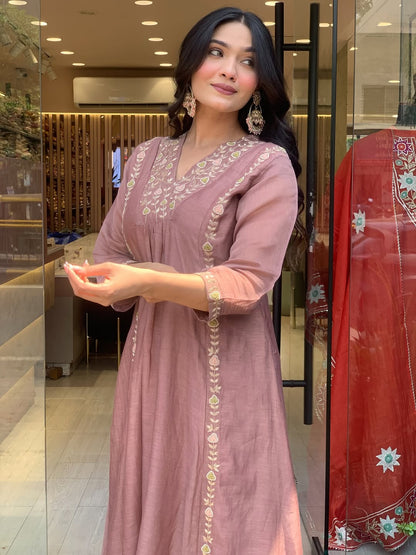 Mul Chanderi Anarkali Kurti Pant Dupatta Set with Embroidery Work
