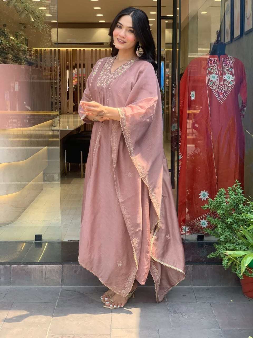 Mul Chanderi Anarkali Kurti Pant Dupatta Set with Embroidery Work
