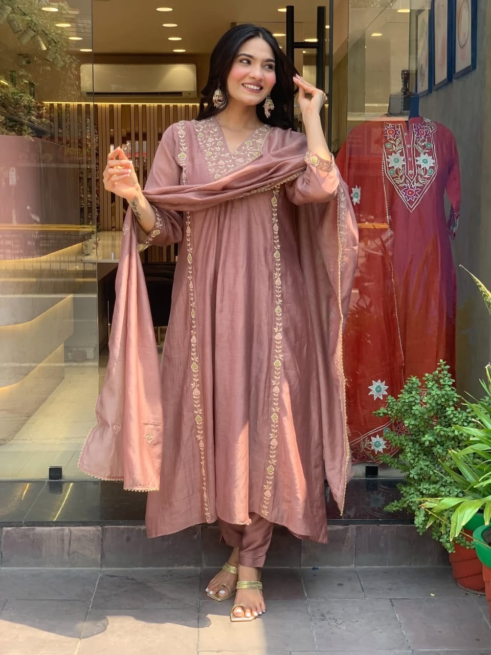 Mul Chanderi Anarkali Kurti Pant Dupatta Set with Embroidery Work