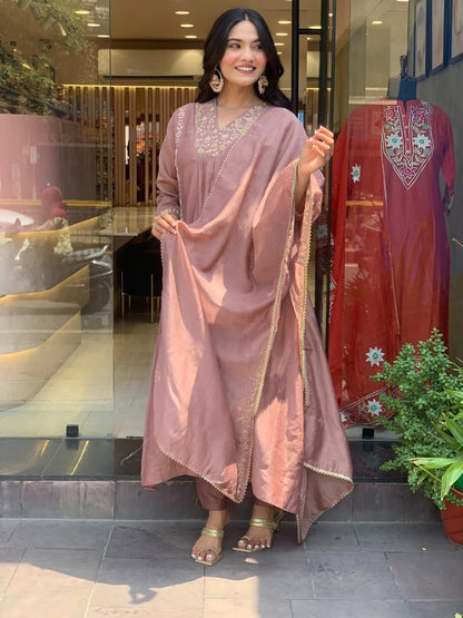Mul Chanderi Anarkali Kurti Pant Dupatta Set with Embroidery Work