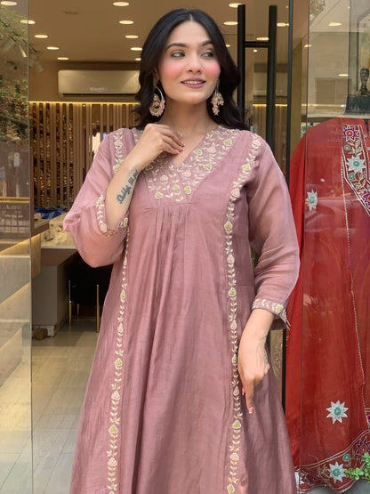 Mul Chanderi Anarkali Kurti Pant Dupatta Set with Embroidery Work