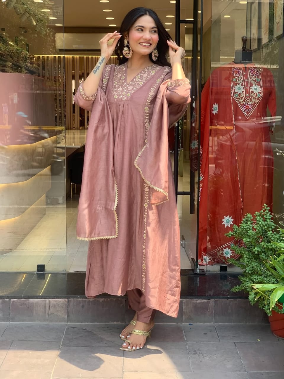 Mul Chanderi Anarkali Kurti Pant Dupatta Set with Embroidery Work