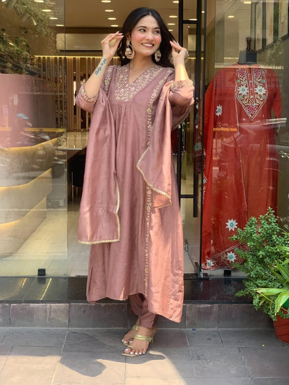 Mul Chanderi Anarkali Kurti Pant Dupatta Set with Embroidery Work