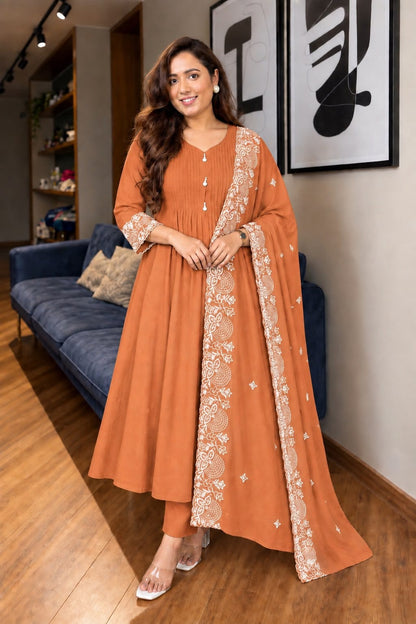 Mul Chanderi Anarkali Suit Set with Pin-Tuck & Lace Detailing