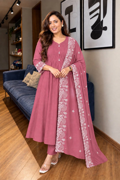 Mul Chanderi Anarkali Suit Set with Pin-Tuck & Lace Detailing