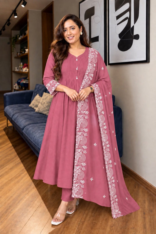 Mul Chanderi Anarkali Suit Set with Pin-Tuck & Lace Detailing