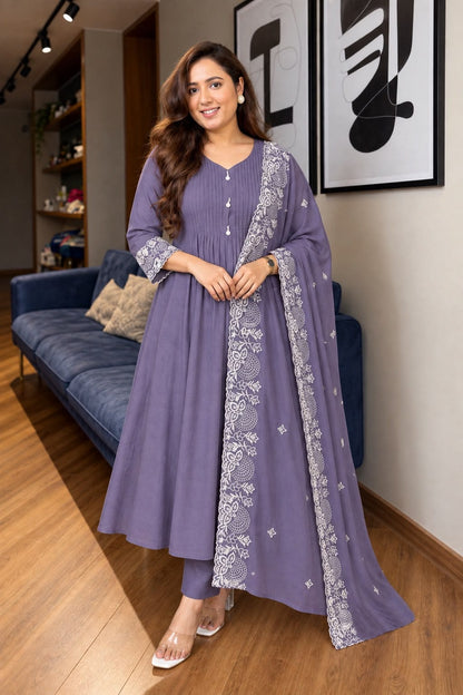 Mul Chanderi Anarkali Suit Set with Pin-Tuck & Lace Detailing