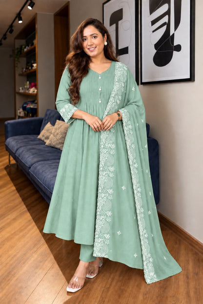 Mul Chanderi Anarkali Suit Set with Pin-Tuck & Lace Detailing