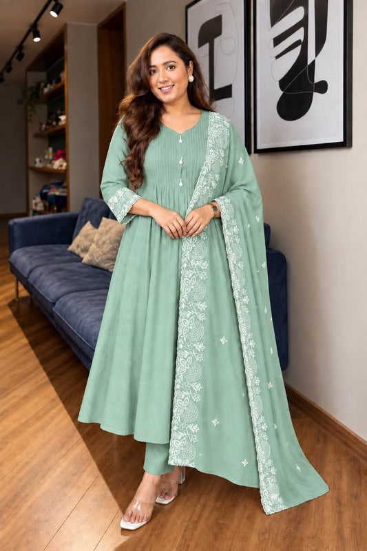 Mul Chanderi Anarkali Suit Set with Pin-Tuck & Lace Detailing