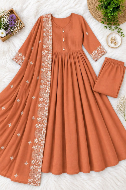 Mul Chanderi Anarkali Suit Set with Pin-Tuck & Lace Detailing
