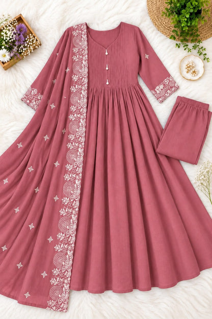 Mul Chanderi Anarkali Suit Set with Pin-Tuck & Lace Detailing