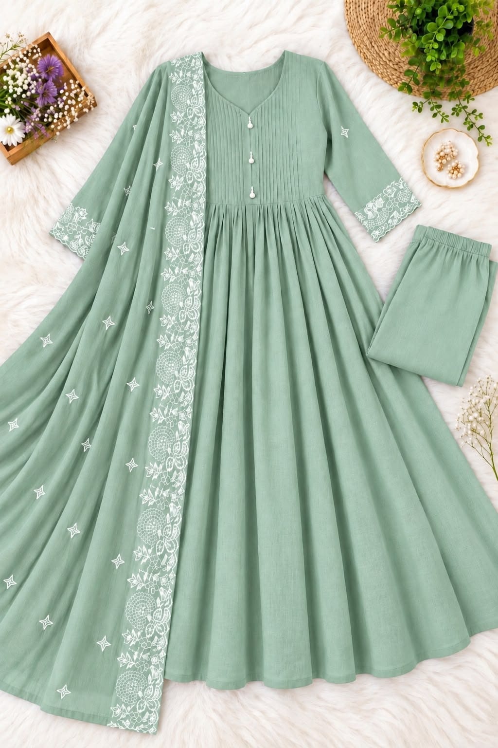Mul Chanderi Anarkali Suit Set with Pin-Tuck & Lace Detailing